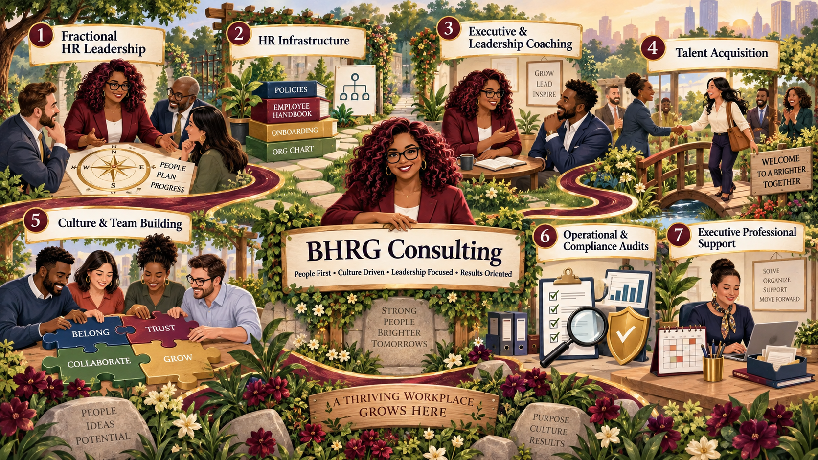 A colorful, illustrated collage representing various aspects of a consultancy firm, BHRG Consulting, with numbered sections highlighting services like fractional HR leadership, HR infrastructure, executive and leadership coaching, talent acquisition, culture and team building, operational and compliance audits, and executive support, set in a vibrant outdoor garden scene with people engaging in meetings, teamwork, and professional activities.