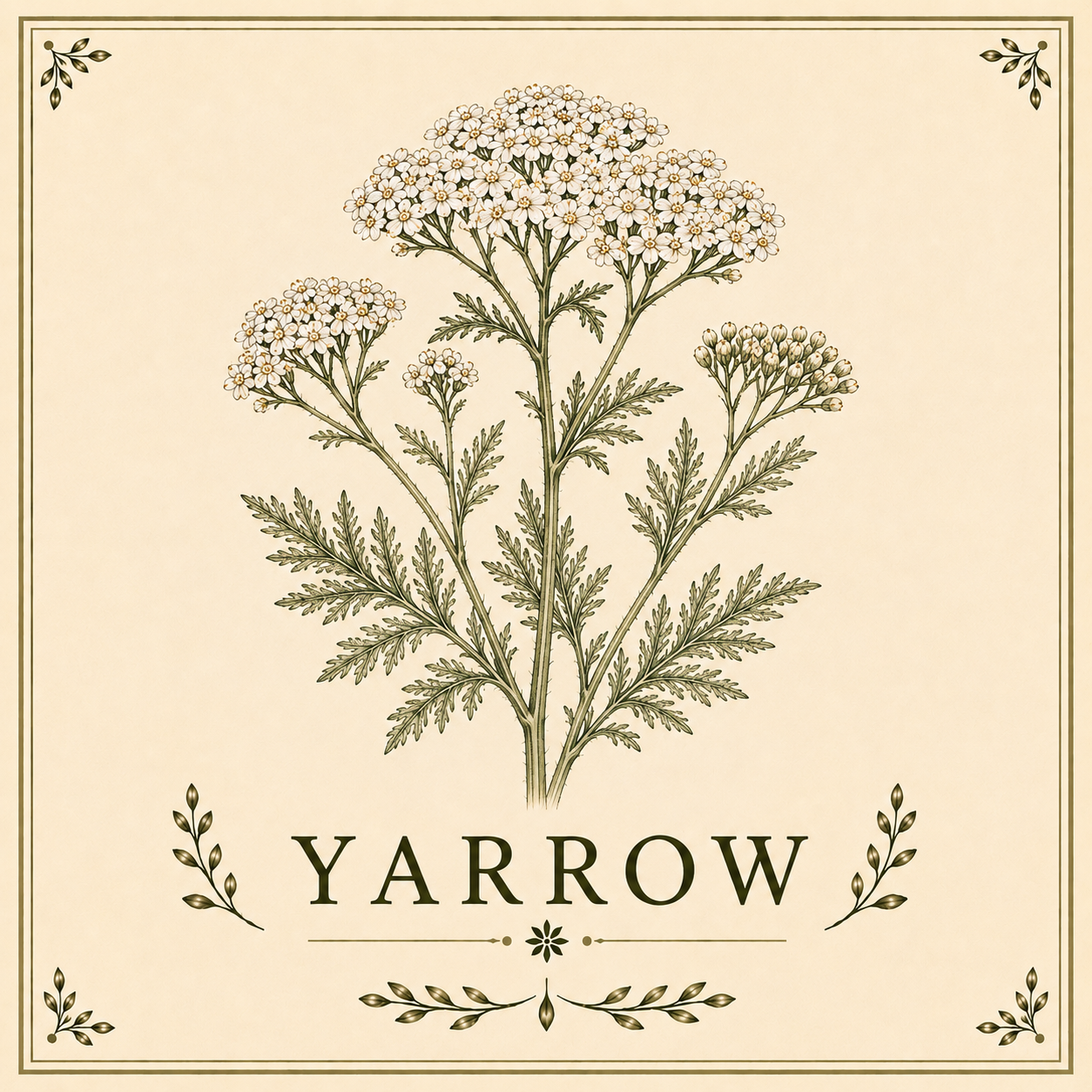 Illustration of a yarrow plant with white flowers and finely divided green leaves, with the word 'YARROW' below it, framed by decorative corner elements.