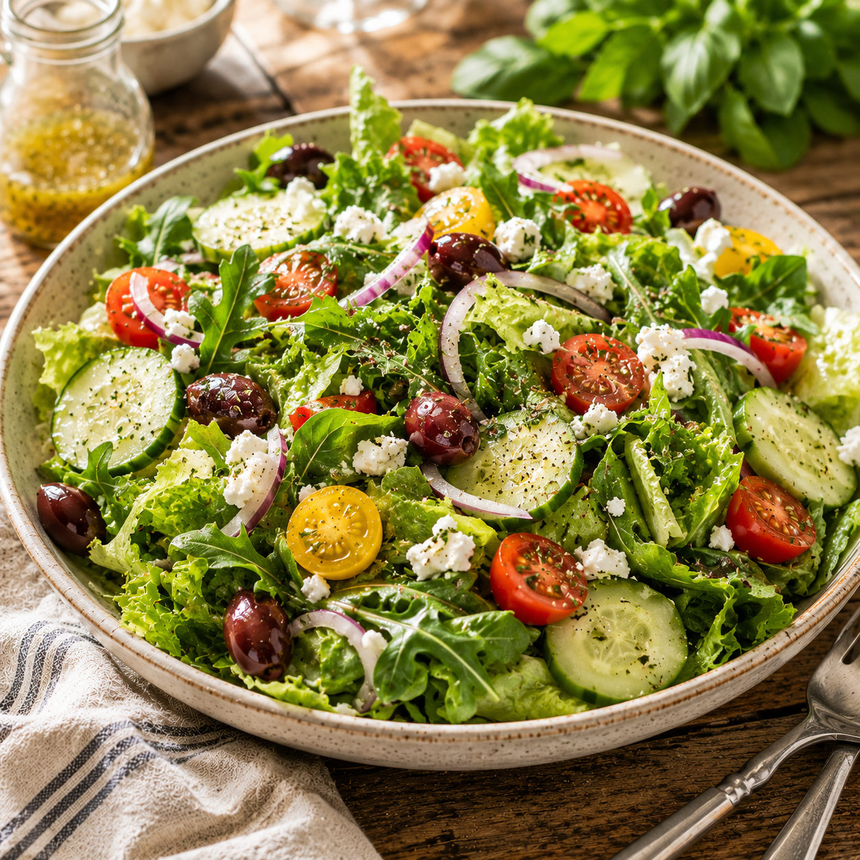Fresh garden salad with cherry tomatoes, cucumber slices, red onion, green lettuce, kalamata olives, and feta cheese, served in a white bowl on a wooden table.