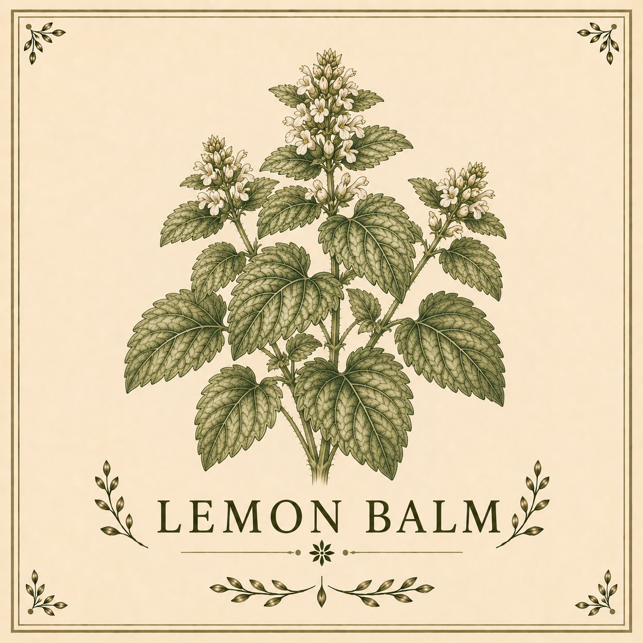 Illustration of lemon balm plant with leaves and flowers, labeled as 'Lemon Balm' on packaging or label.