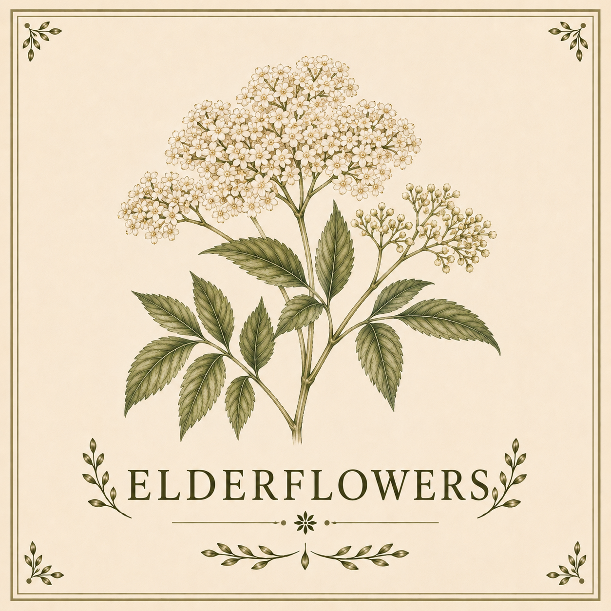 Vintage botanical illustration of elderflower plant with white flowers and green leaves, framed with decorative corner accents, and the word "ELDERFLOWERS" at the bottom.