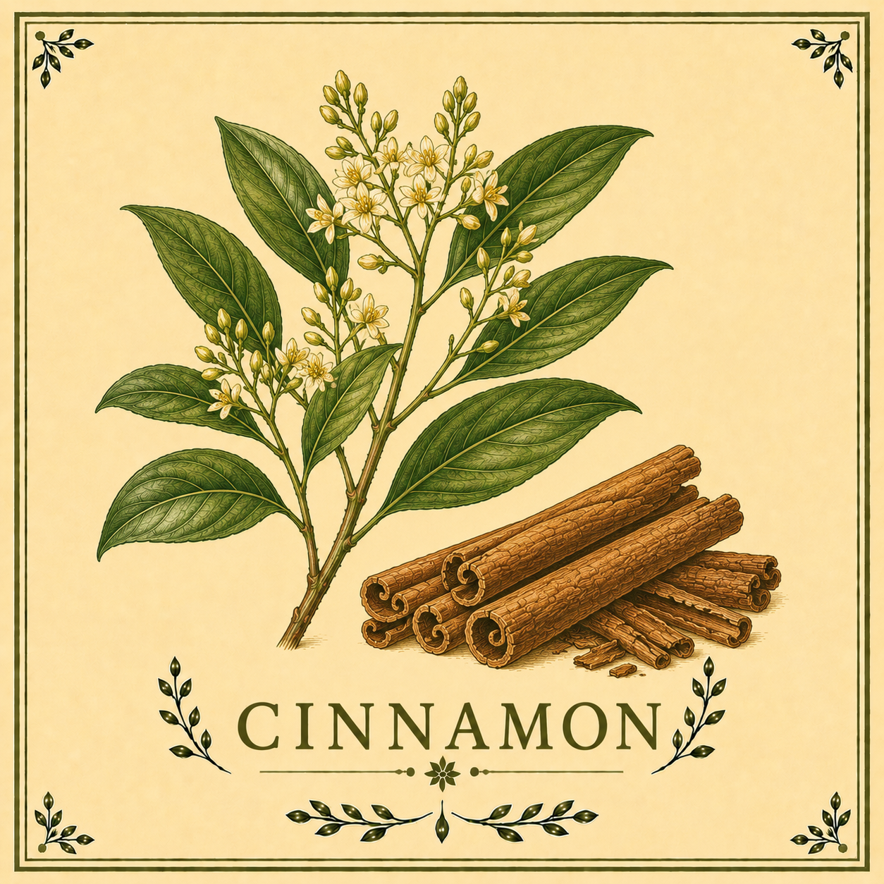 Vintage illustration of a cinnamon plant with green leaves and white flowers, a stack of cinnamon sticks, and the word 'CINNAMON' at the bottom surrounded by decorative leafy border.