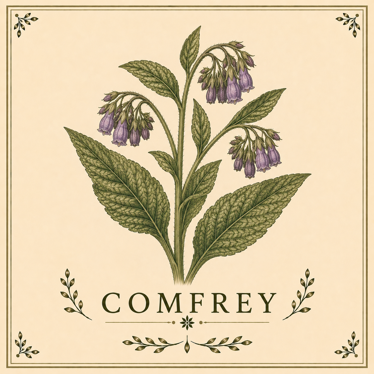 Botanical illustration of a Comfrey plant with green leaves and purple bell-shaped flowers, framed with decorative borders.