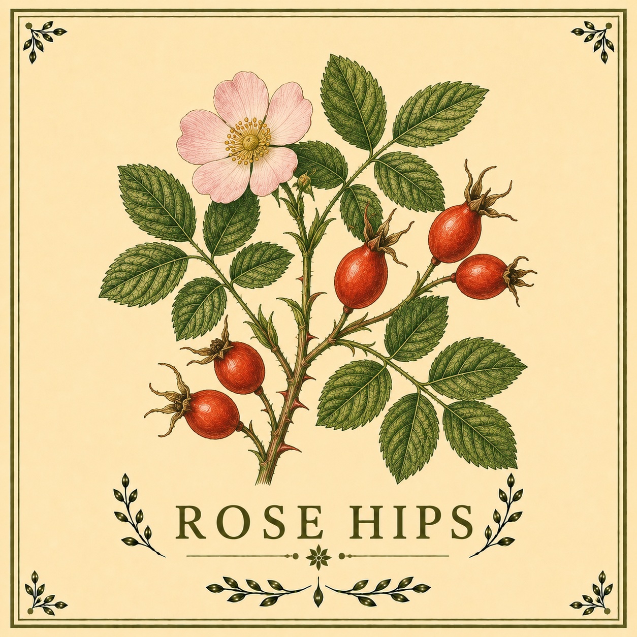 Illustration of a botanical plant with pink flowers, green leaves, and red rose hips, labeled 'Rose Hips'.
