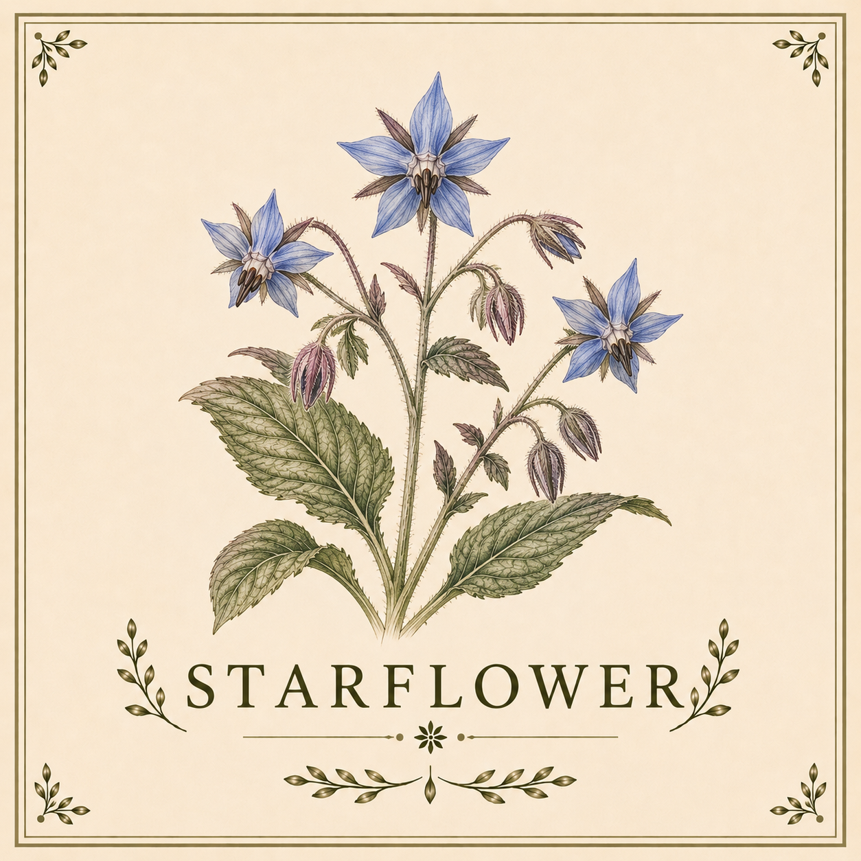 Illustration of a starflower plant with blue flowers and green leaves, labeled 'Starflower'.