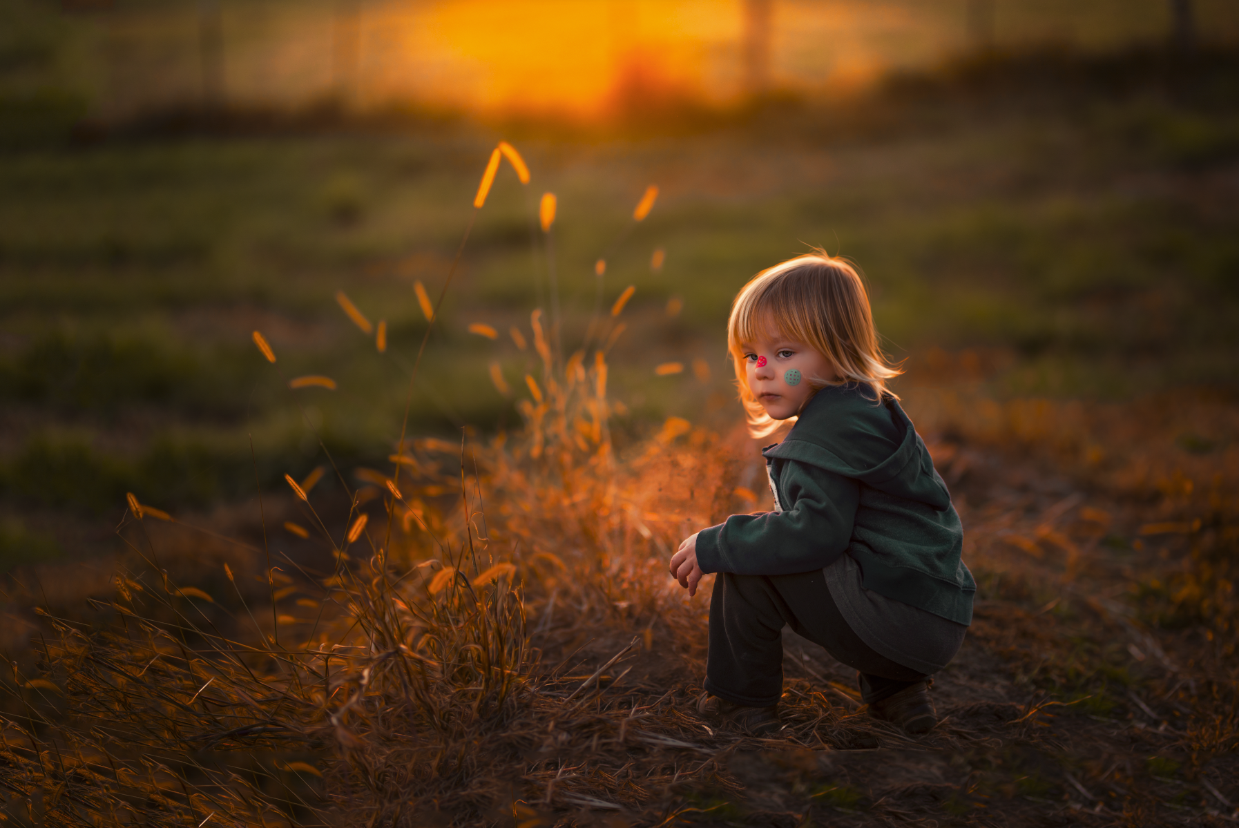 Young child squatting in a field of tall grass at sunset, with face stickers, wearing a dark green hoodie and black pants.
