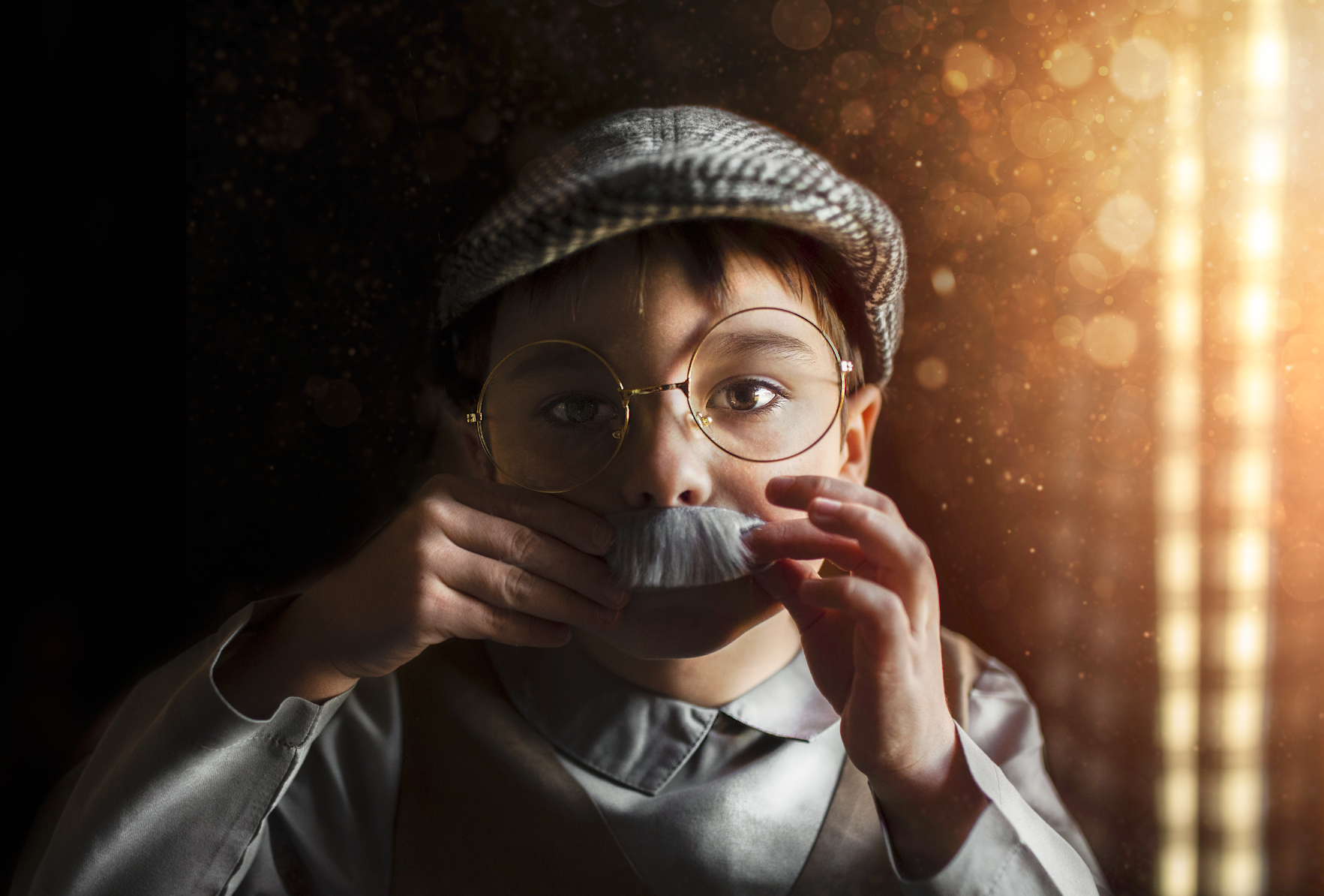 A young boy dressed as a character, wearing glasses, a gray hat, and holding a fake mustache to his face, with a background of shimmering gold lights.