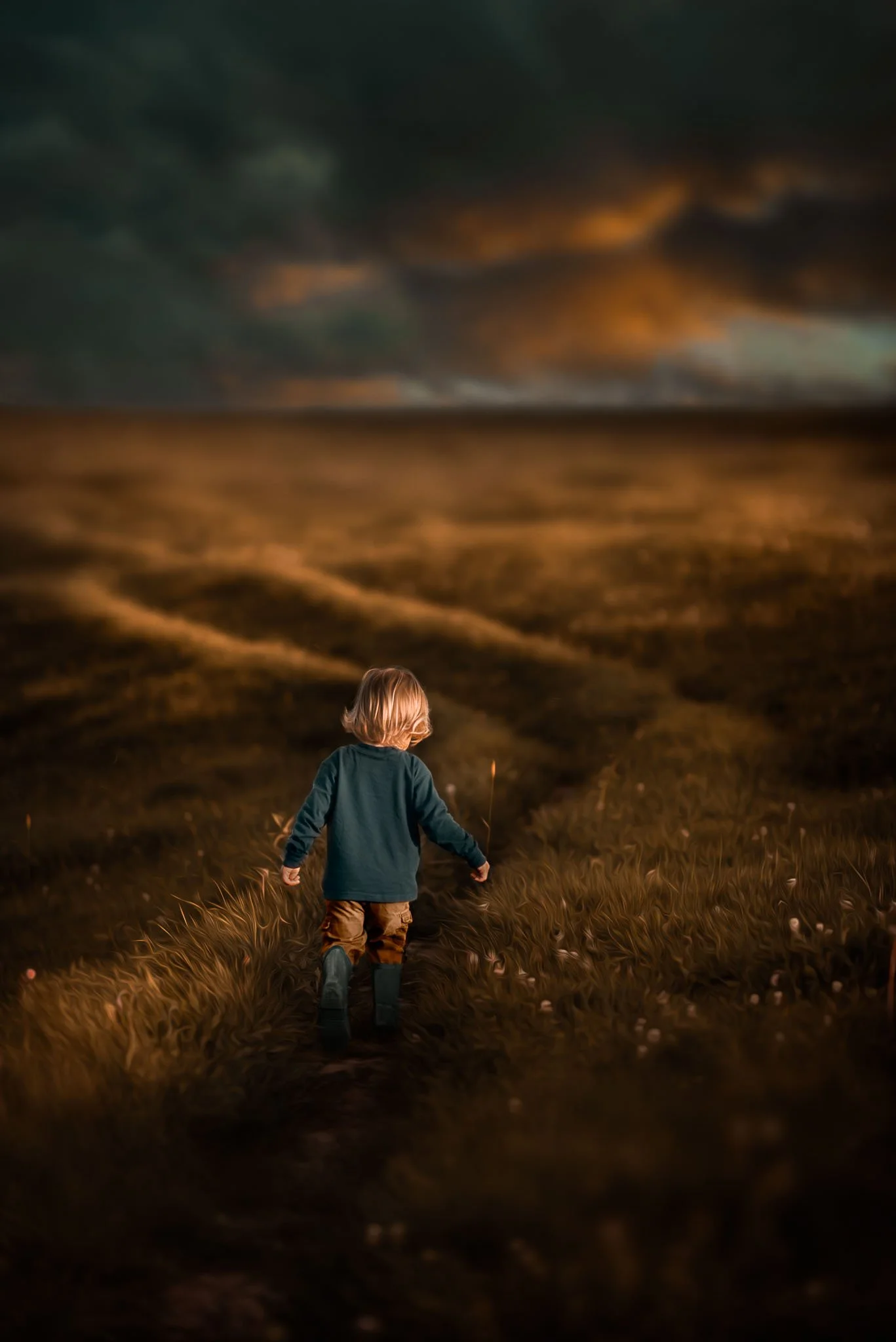 A child with blonde hair wearing a blue jacket and brown pants walking away on a grassy path at sunset, with dark stormy clouds in the sky.