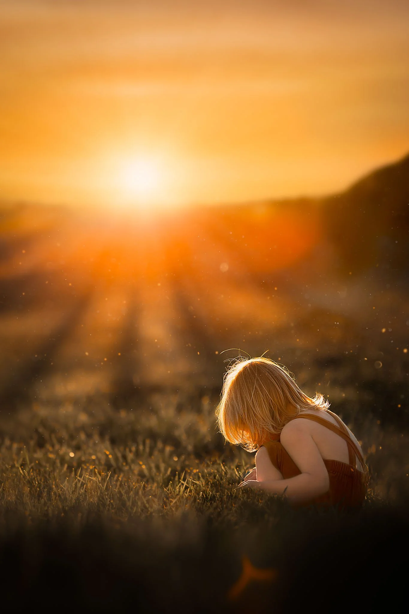 A young girl with blonde hair sitting in a field at sunset, with the sun setting on the horizon and warm glow illuminating her hair and surroundings.