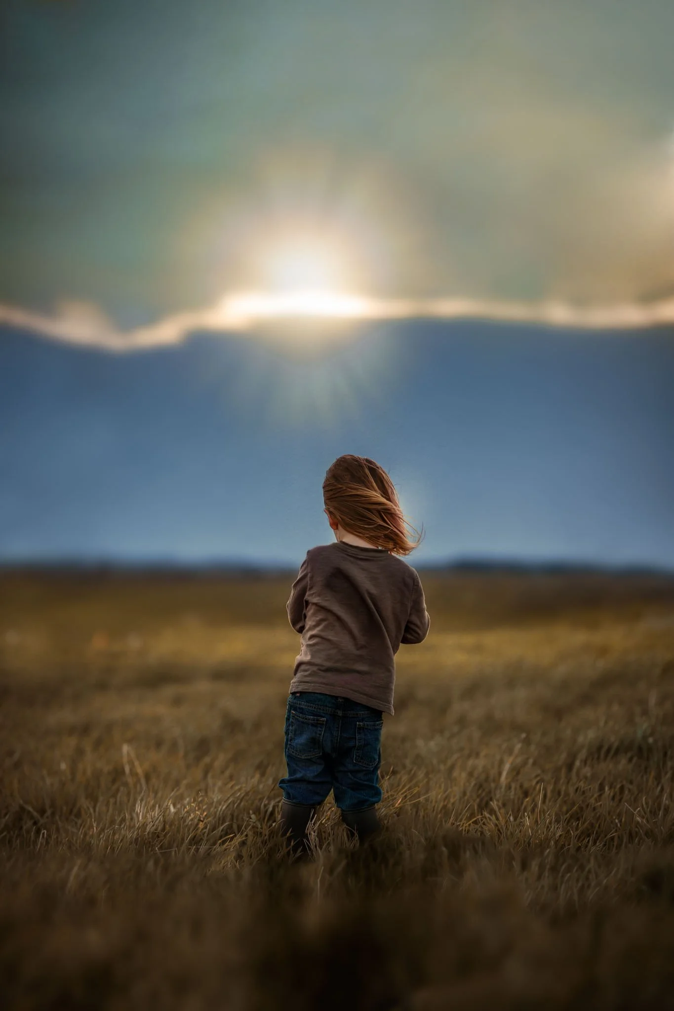 A young girl with red hair standing in an open field, facing away, looking towards a distant horizon with mountains and a blue sky with clouds.