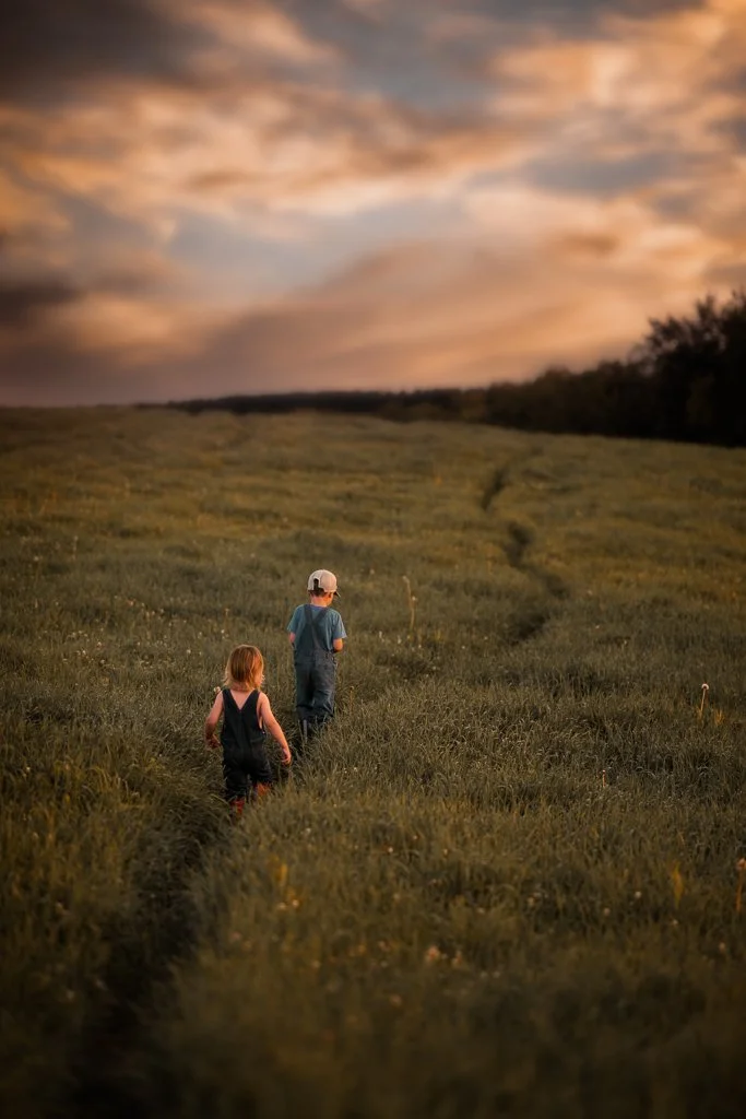 Two children walking through a grassy field at sunset, with a colorful cloudy sky in the background.