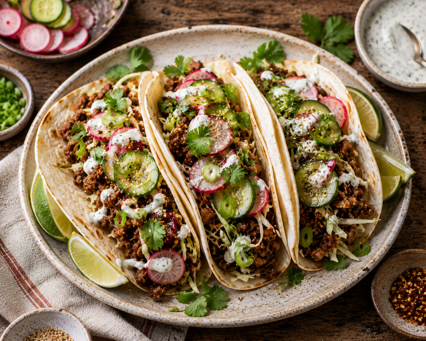Korean-Style Beef Tacos With Quick-Pickled Radishes and Cucumbers