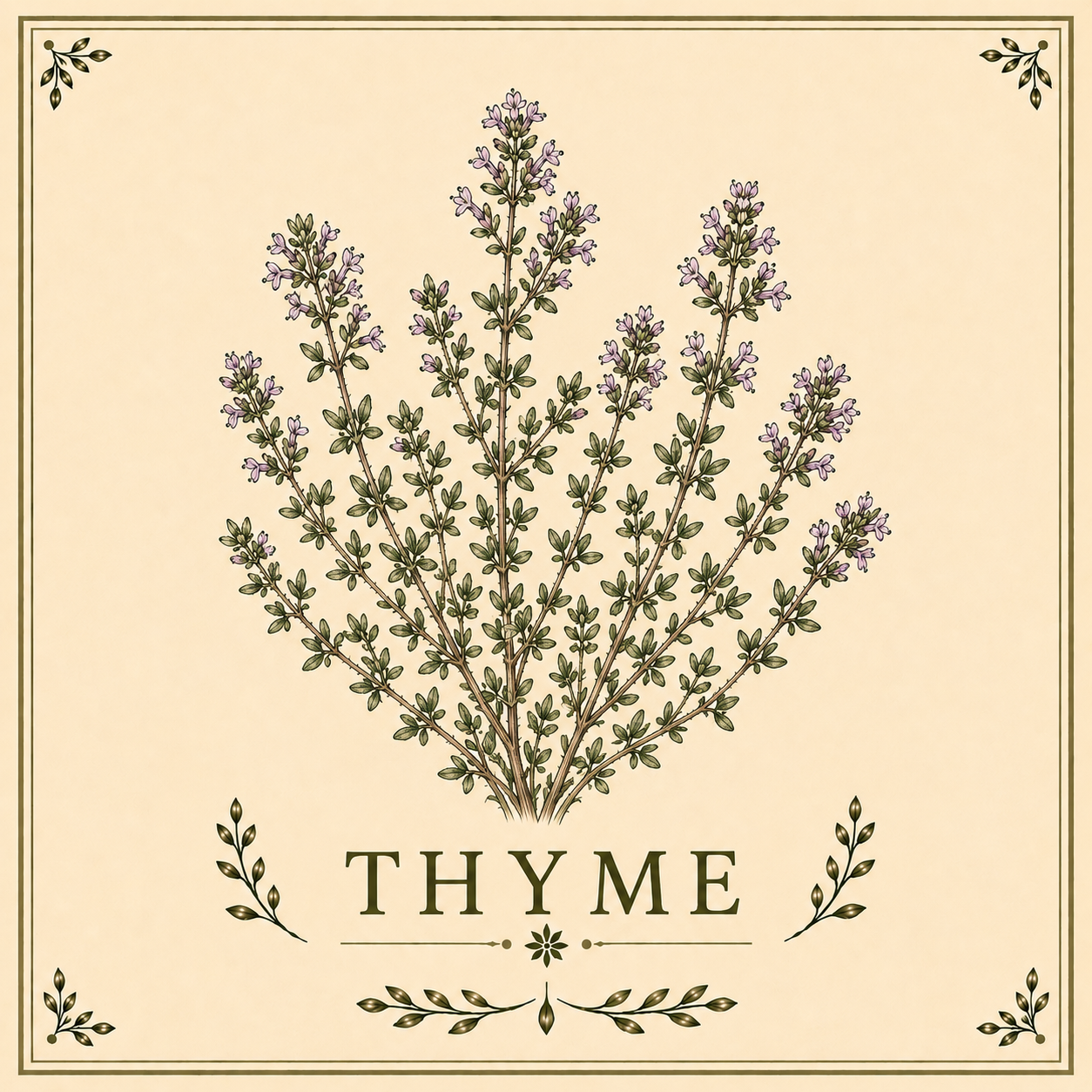 Illustration of a thyme plant with green leaves and small purple flowers, labeled 'Thyme' at the bottom.