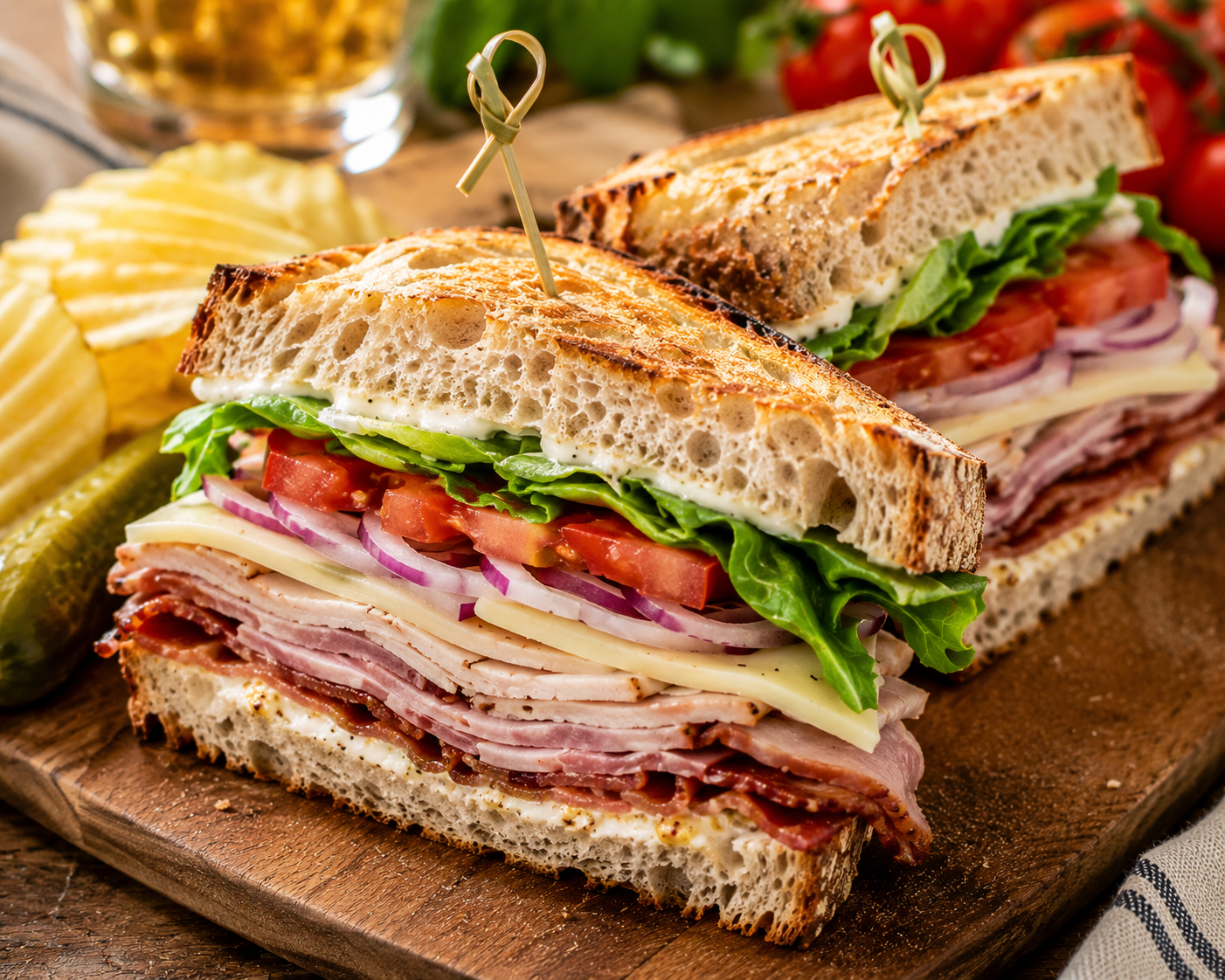 Close-up of a half-cut sandwich with ham, turkey, cheese, tomato, lettuce, and red onion on whole grain bread on a wooden cutting board. In the background, sliced pickles, potato chips, a glass of beer, and grapes are visible.