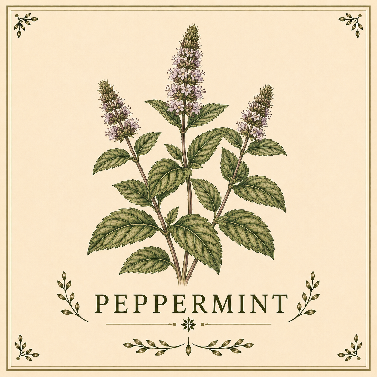 Illustration of a peppermint plant with green leaves and purple flowers, labeled 'PEPPERMINT' below.