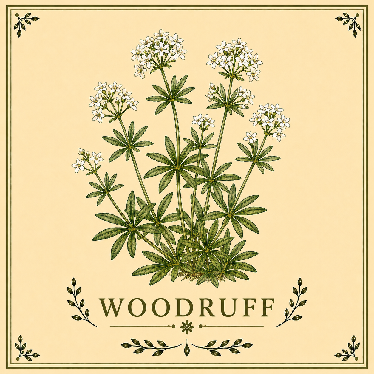 Illustration of the Woodruff plant with green leaves and white flowers, framed with decorative black accents, and the word "WOODRUFF" at the bottom.