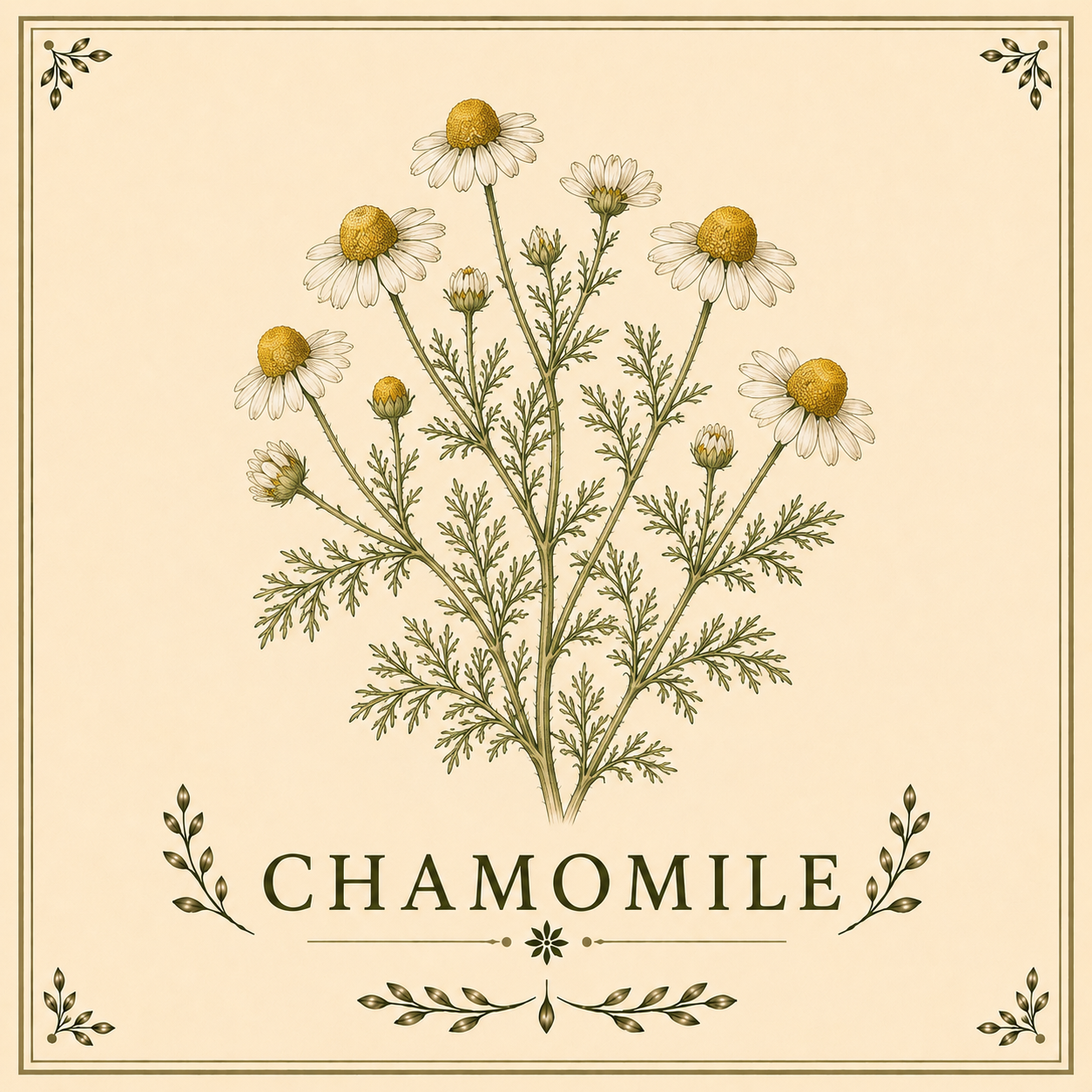 Illustration of a chamomile plant with white petals and yellow centers, surrounded by a decorative border and the word 'Chamomile' at the bottom.