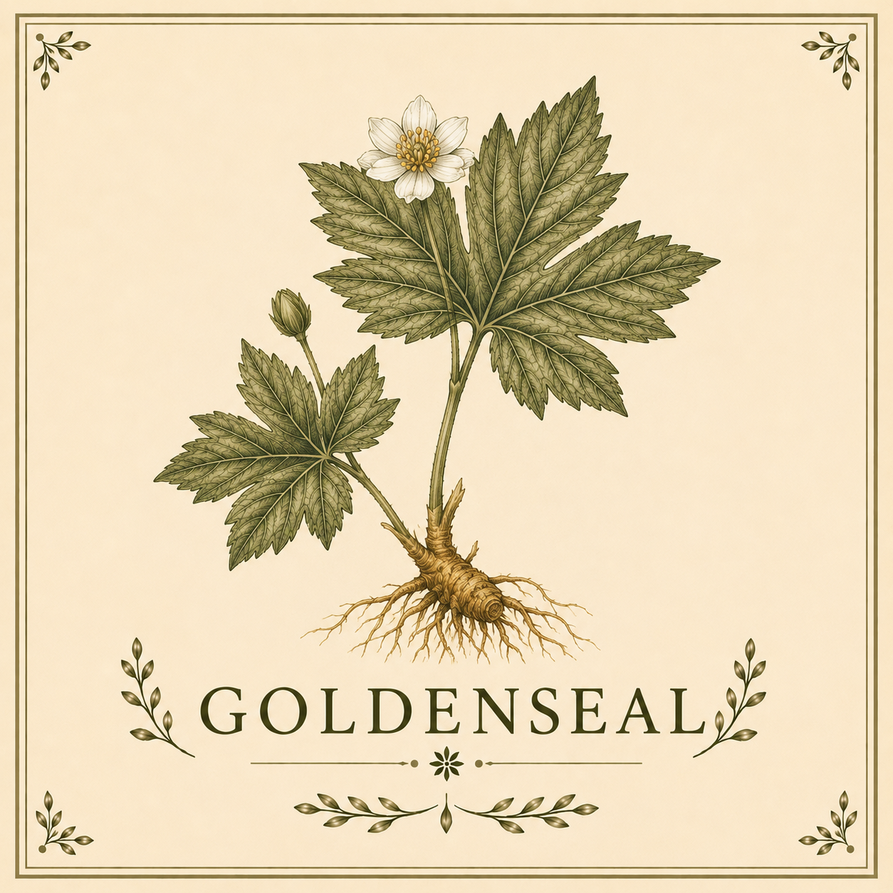 Illustration of a plant with large green leaves, a small white flower, and root system, labeled as Goldenseal.