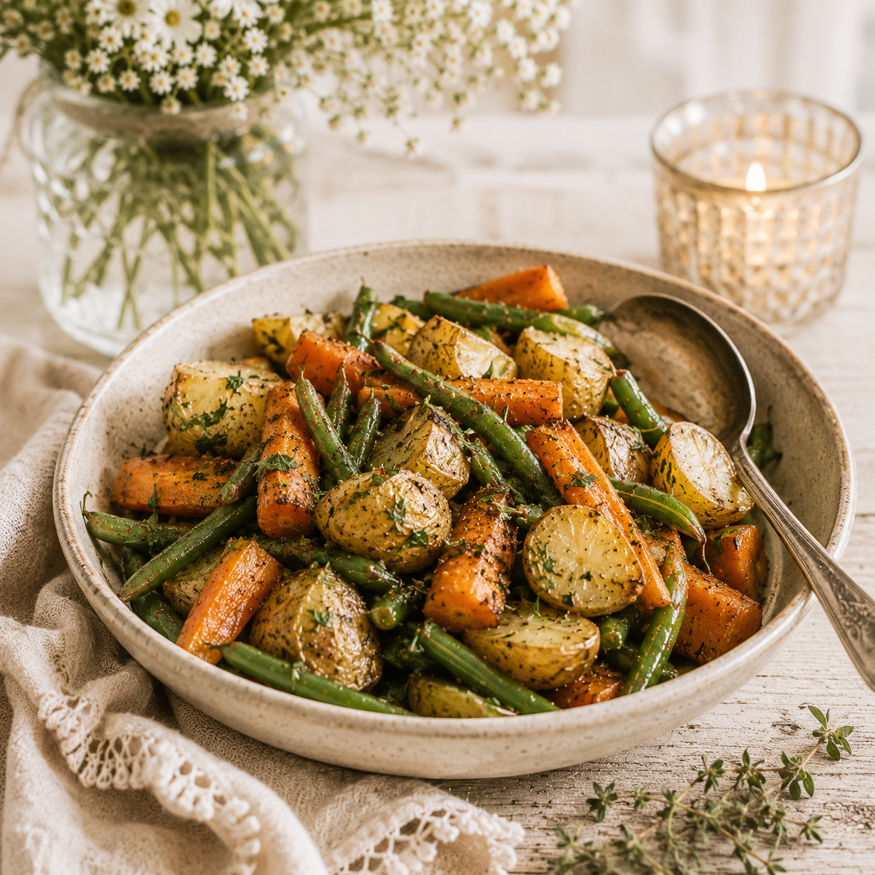 A bowl of roasted potatoes, carrots, and green beans garnished with herbs, set on a wooden table with a candle and a vase of white flowers in the background.