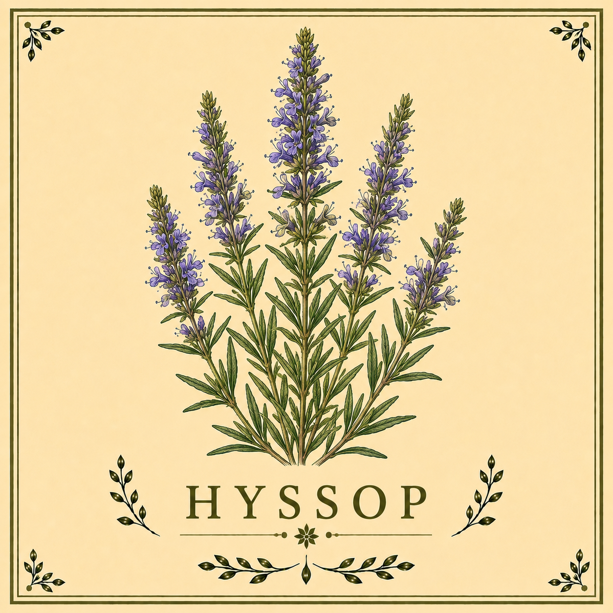 Illustration of a hyssop plant with purple flowers and green leaves, labeled "HYSSOP" at the bottom, on a beige background with decorative corners.