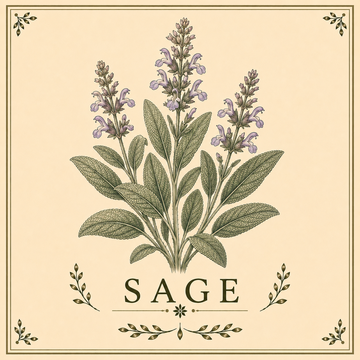 Illustration of a sage plant with purple flowers and green leaves, labeled 'SAGE' at the bottom, surrounded by decorative borders.