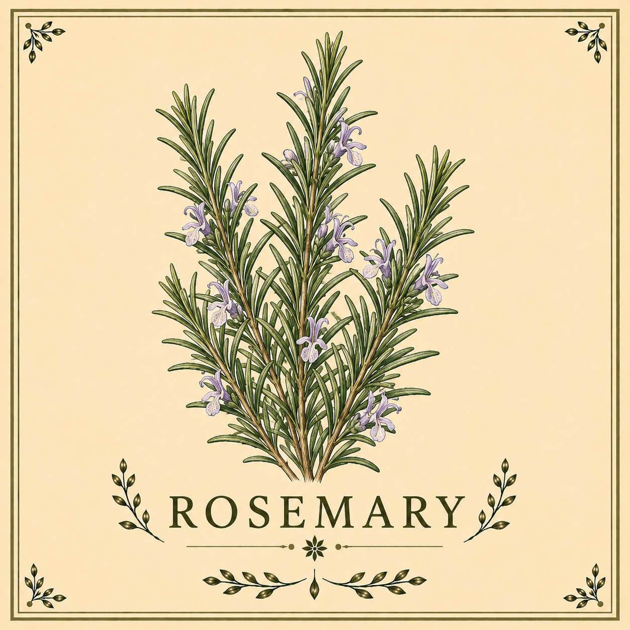 Illustration of a rosemary herb plant with green, needle-like leaves and small purple flowers, framed by decorative corner accents, with the word 'Rosemary' at the bottom.