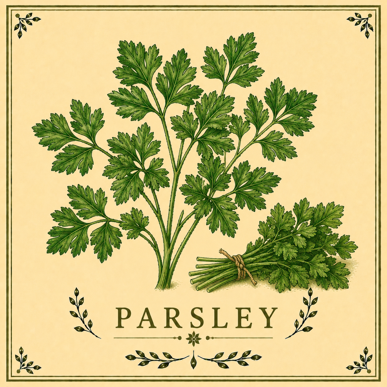 Vintage botanical illustration of parsley plant with bunch of parsley tied with string, labeled 'Parsley' with decorative floral accents.