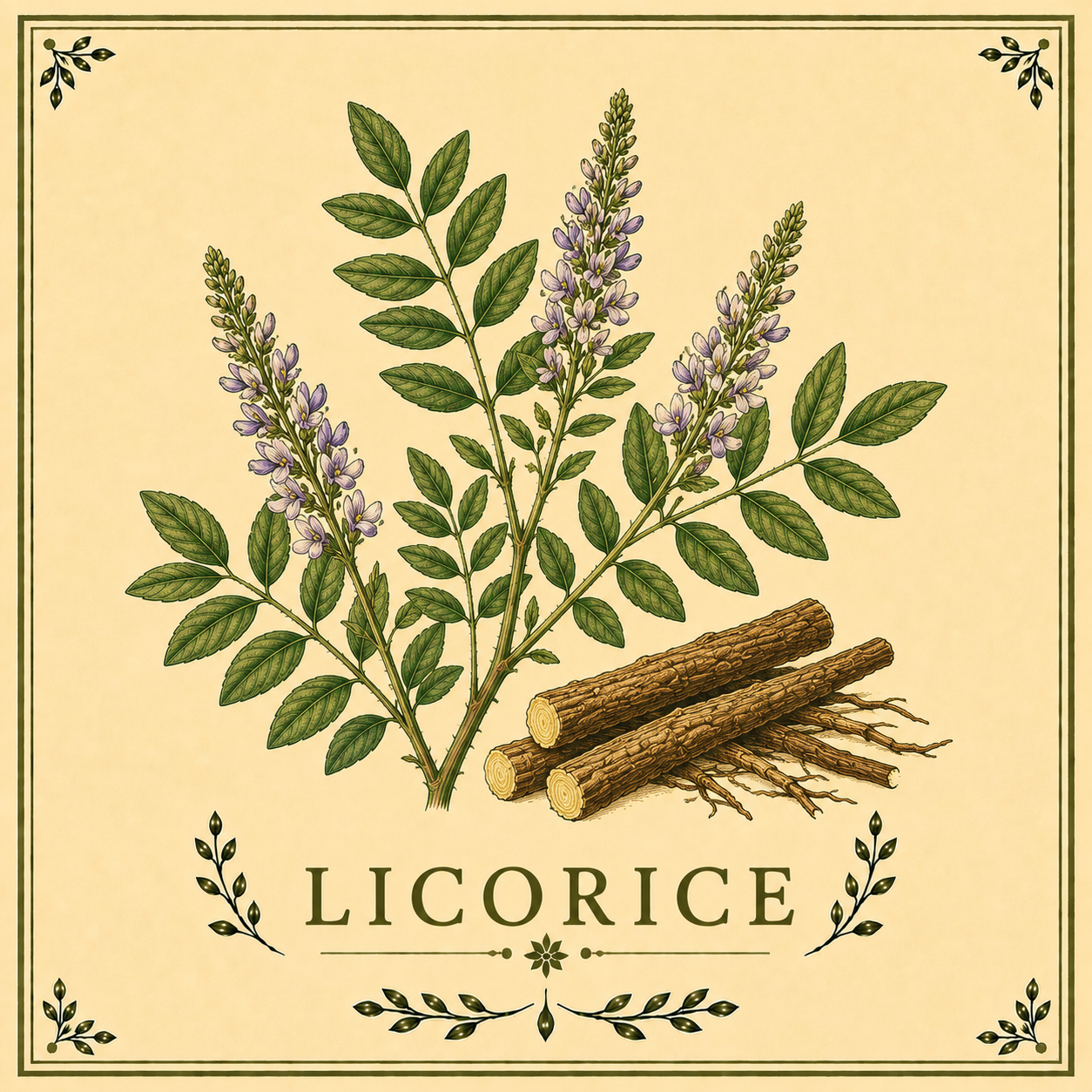 Illustration of licorice plant with purple flowers, green leaves, and roots and sticks of dried licorice at the bottom, with the word 'Licorice' written below.