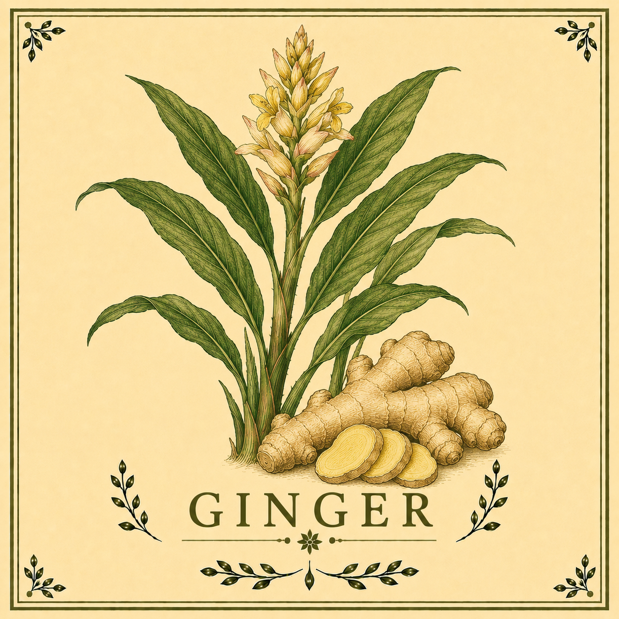 Illustration of ginger plant with leaves and flowers, along with ginger root and sliced ginger, labeled 'Ginger'.