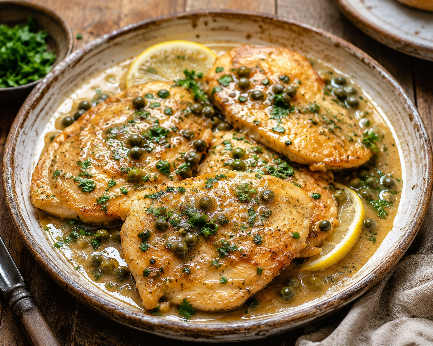 golden brown chicken piccata in sauce (capers and parsley visible) on earthenware plate with rustic utensils on a wooden table