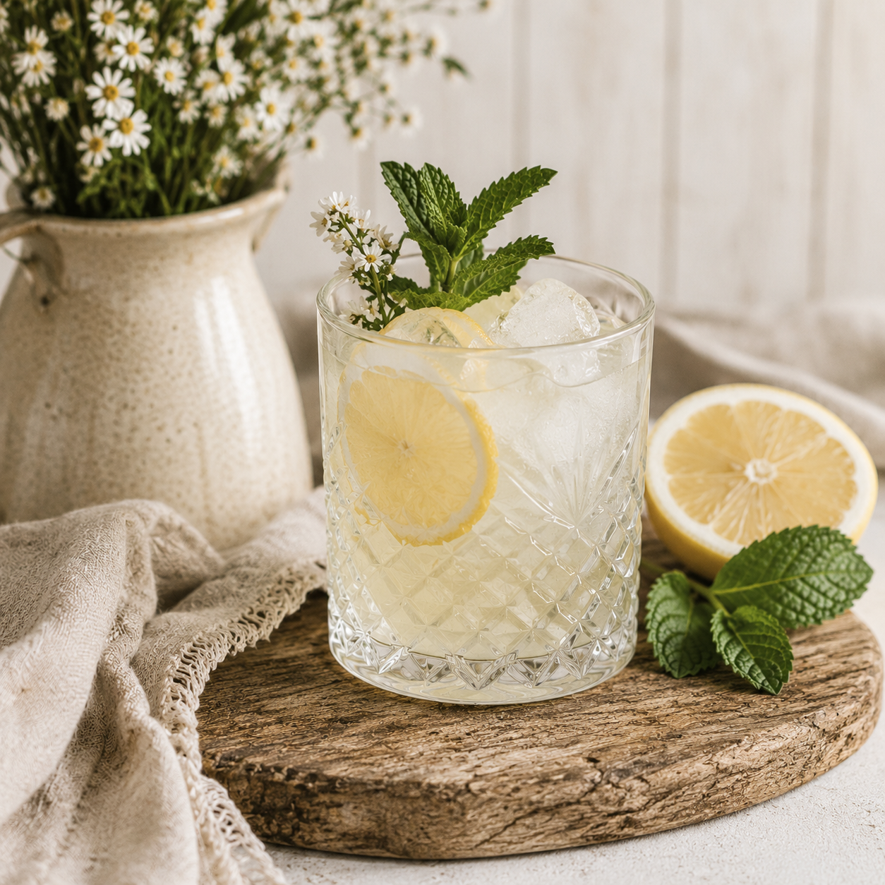 A glass of lemon and mint infused ice water on a rustic wooden board, with lemon slices, fresh mint, and ice cubes, surrounded by a halved lemon and a vase of daisies in the background.