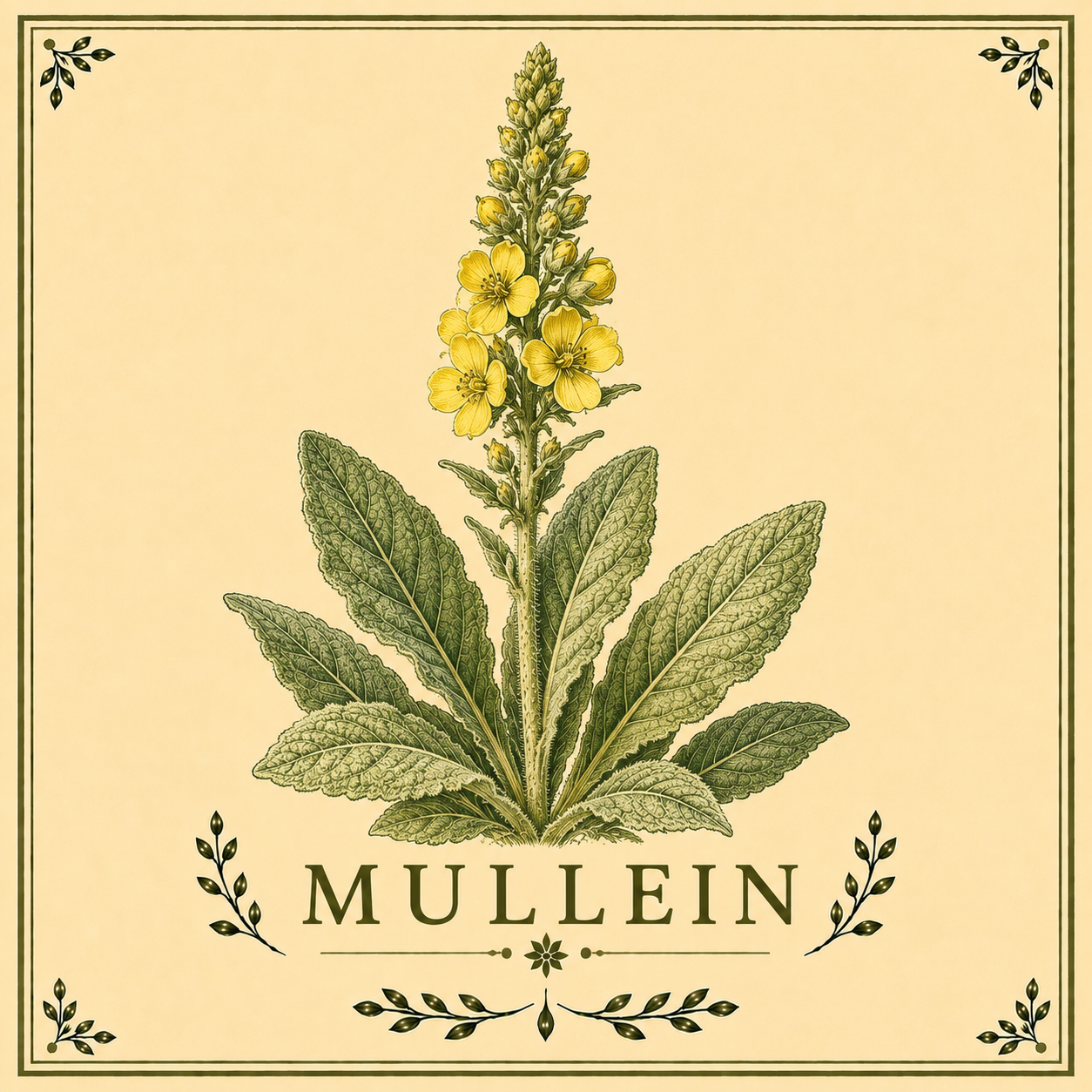 Illustration of a yellow flowering plant with broad textured green leaves and the word 'Mullein' beneath it, decorated with a border and small floral accents.