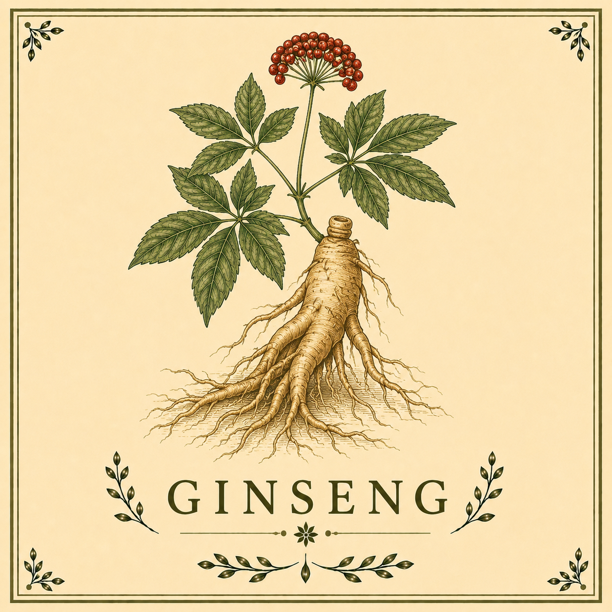 Illustration of a ginseng plant with green leaves, red berries, and a tan root, labeled 'Ginseng' at the bottom.