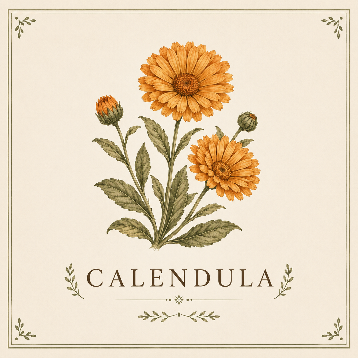 Illustration of a calendula flower with orange petals and green leaves, with the word 'Calendula' below, framed by decorative borders.