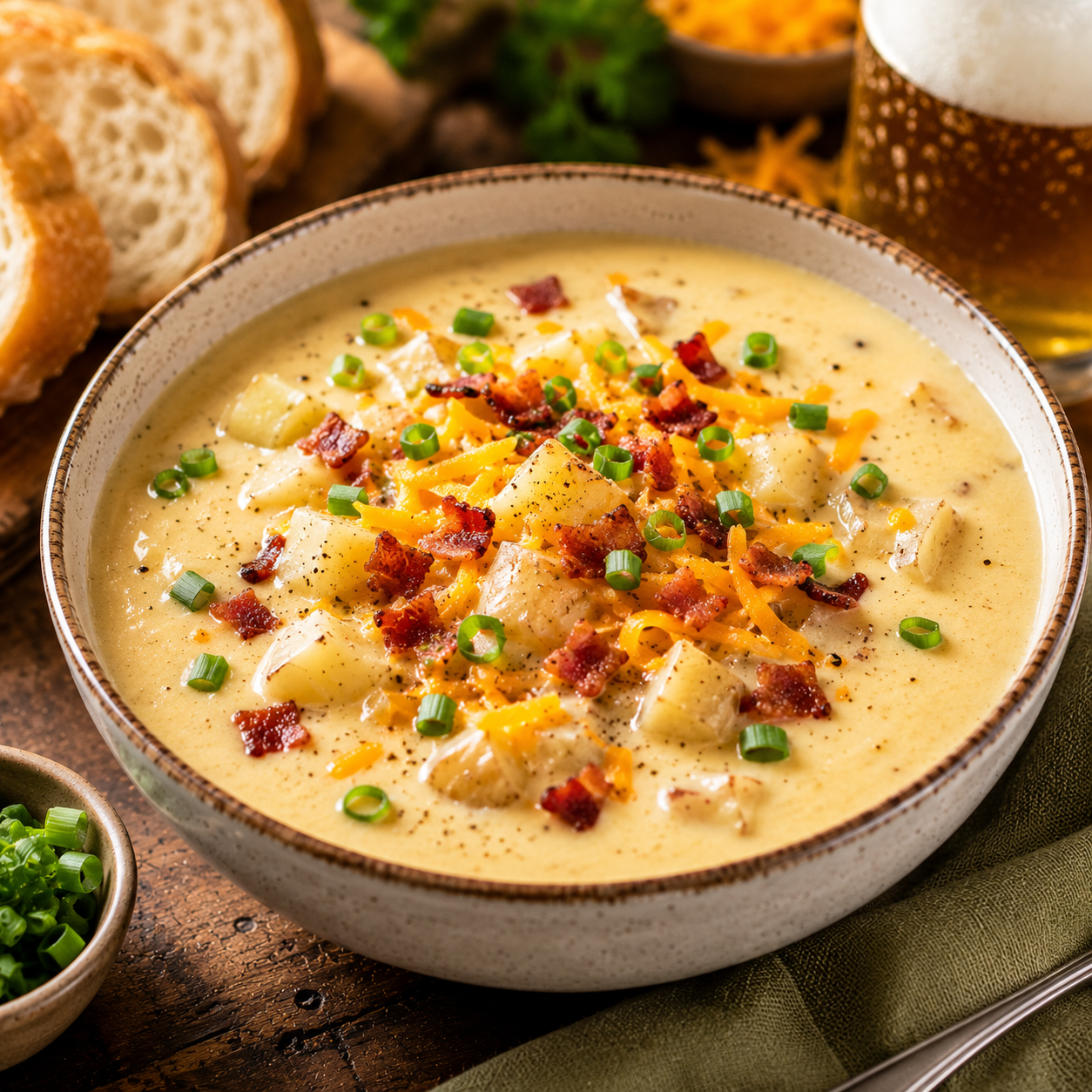 A bowl of creamy potato soup topped with shredded cheddar cheese, chopped green onions, and bacon bits. Surrounding the bowl are slices of bread and a glass of beer in the background.