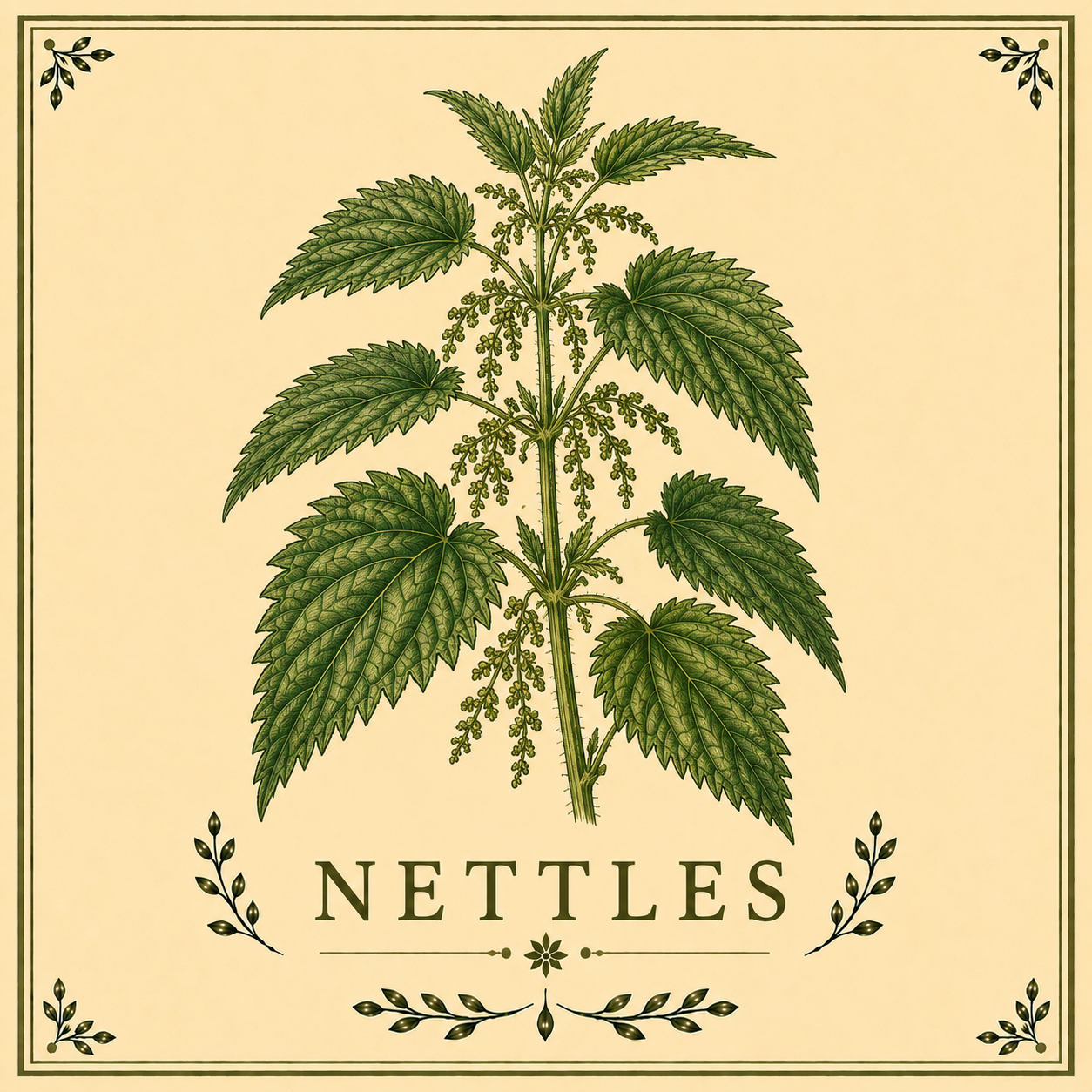 A vintage botanical illustration of a nettles plant with green leaves and small flowering clusters, titled 'NETTLES'.