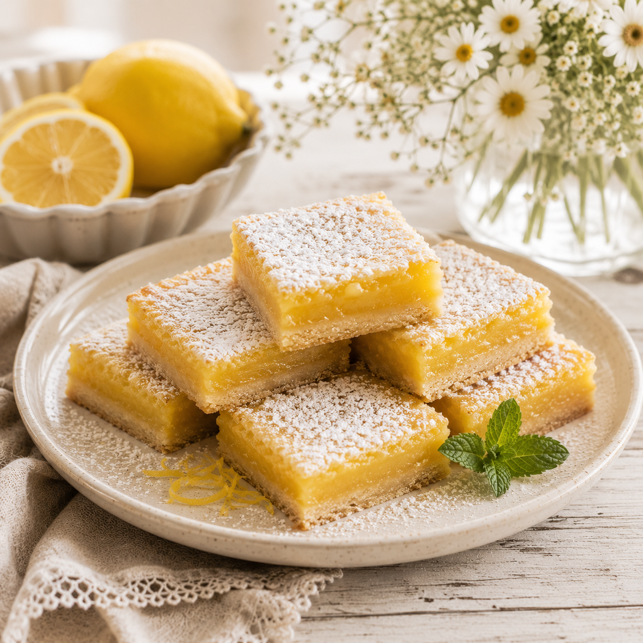 Lemon bars topped with powdered sugar on a beige plate, with fresh mint leaves. A bowl of lemons and sliced lemon halves, and a vase of white daisies in the background.