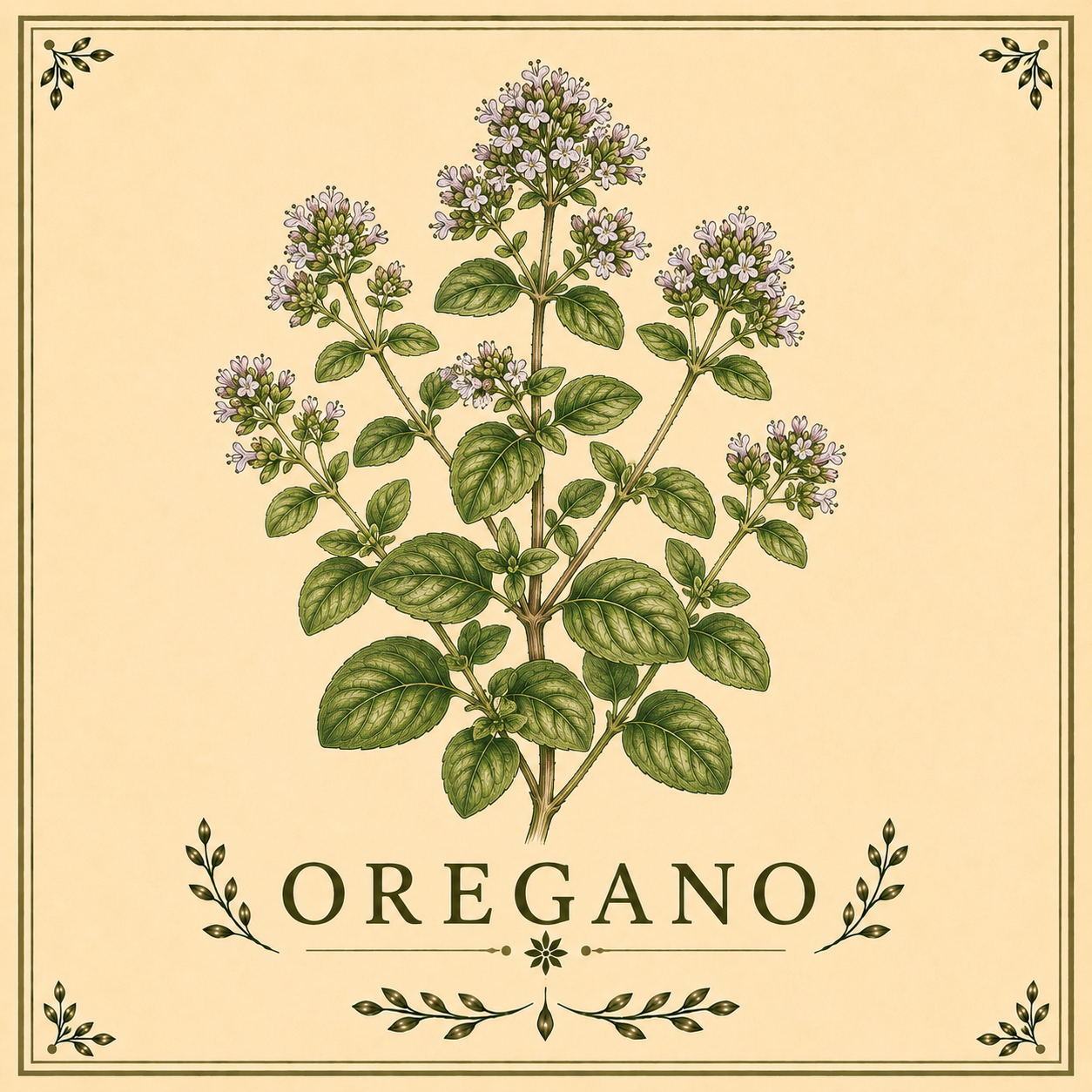 Illustration of an oregano plant with green leaves and purple flowers, framed with decorative borders, labeled 'Oregano' at the bottom.