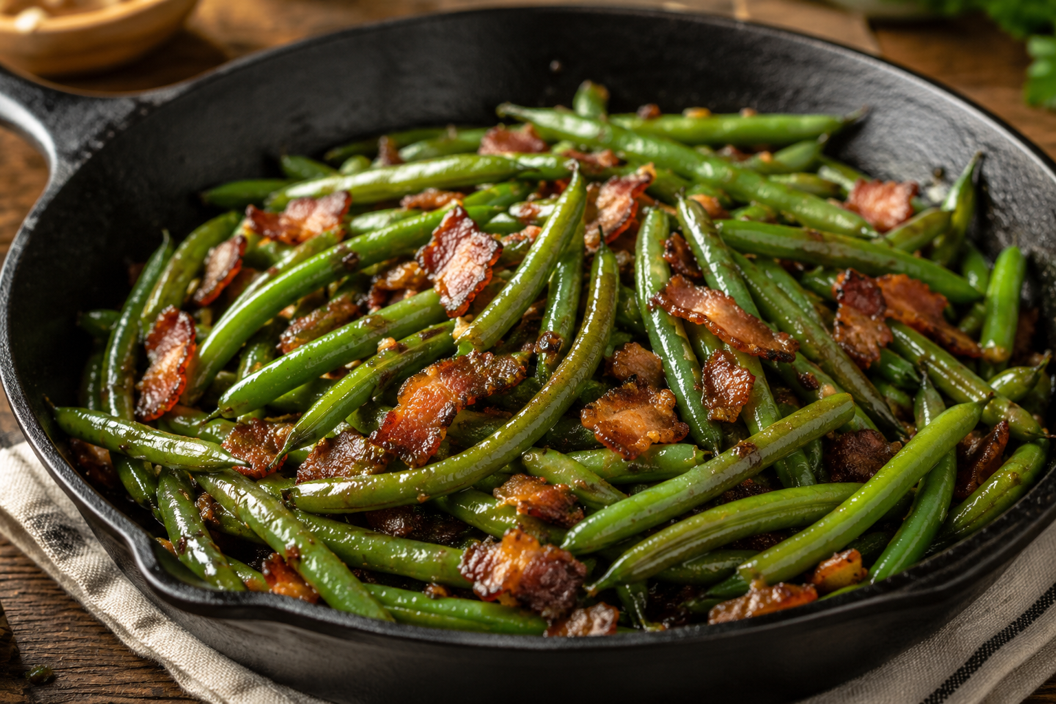 Sweet and smoky bacon soy green beans in a cast iron skillet with crispy bacon and garlic.