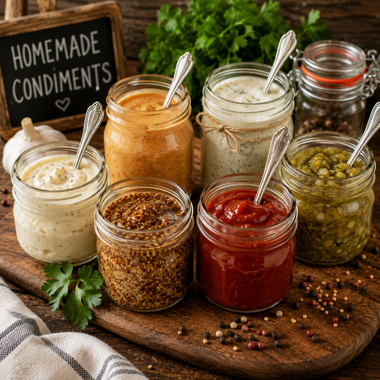 Assorted jars of homemade condiments, including mayonnaise, mustard, ketchup, relish, and salsa, arranged on a wooden cutting board with a garlic bulb, fresh parsley, and scattered peppercorns in the background.