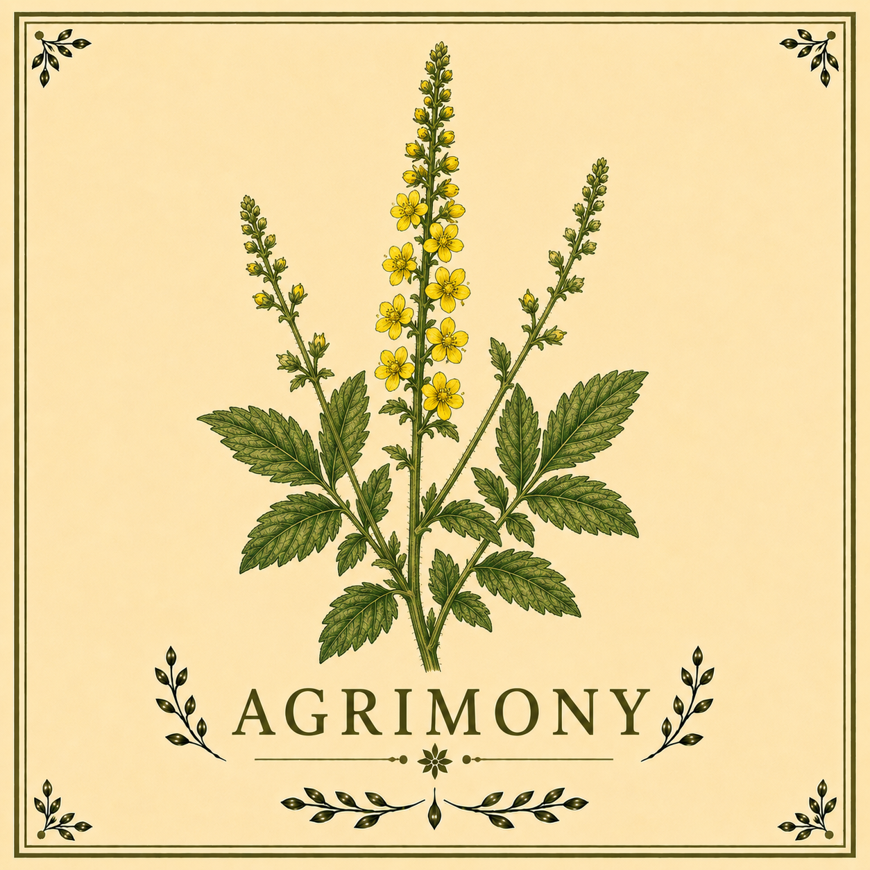 Illustration of a flowering plant with green leaves and yellow flowers, labeled 'Agrimony' at the bottom.