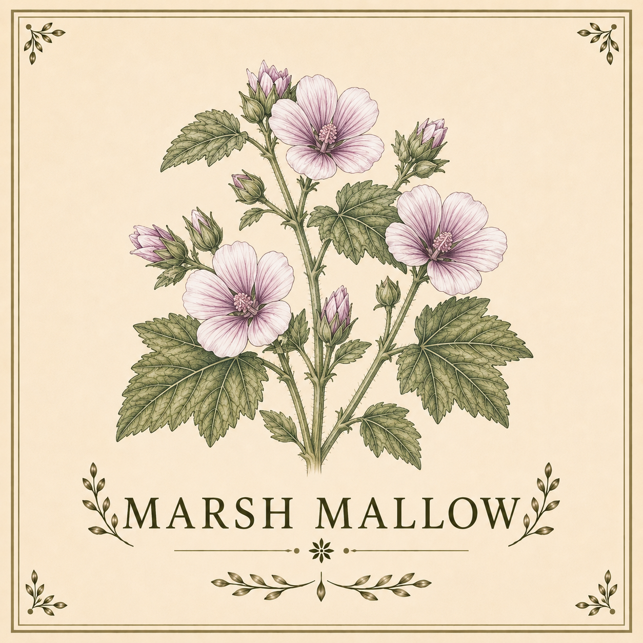 Illustration of marsh mallow flowers with green leaves and pink blossoms, labeled 'Marsh Mallow' at the bottom.
