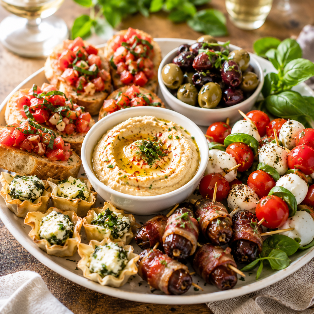 A large serving platter with various appetizers including toasted bread with chopped tomatoes and basil, stuffed phyllo cups with cheese and herbs, a bowl of hummus garnished with olive oil and herbs, a bowl of green and black olives, cherry tomatoes and fresh basil, and skewered small mozzarella balls and cherry tomatoes wrapped in bacon.
