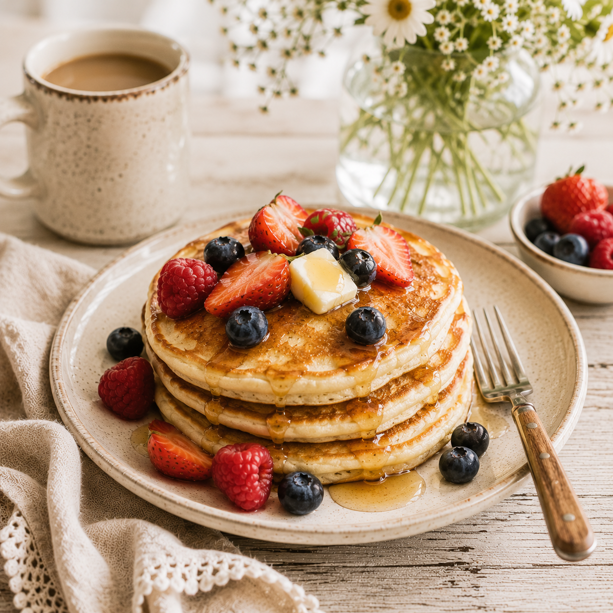 Stacked pancakes topped with fresh strawberries, blueberries, raspberries, and a pat of butter, with syrup drizzled over them, on a beige plate. There is a fork next to the plate, a cup of coffee, a small bowl of mixed berries, and a vase of white daisies in the background.