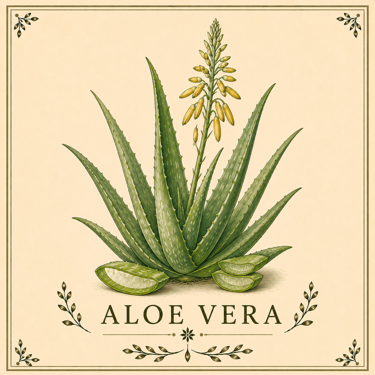 Illustration of an aloe vera plant with long, spiked green leaves and yellow flowers, accompanied by sliced aloe vera leaves, with the text 'Aloe Vera' below.