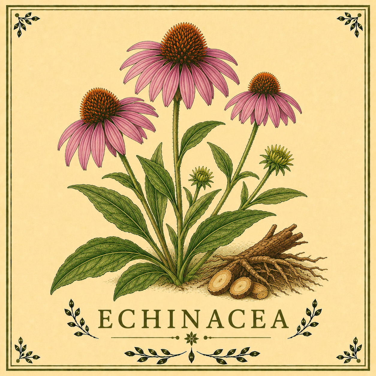 Illustration of Echinacea plant with pink flowers, green leaves, and roots, with the word 'Echinacea' below.
