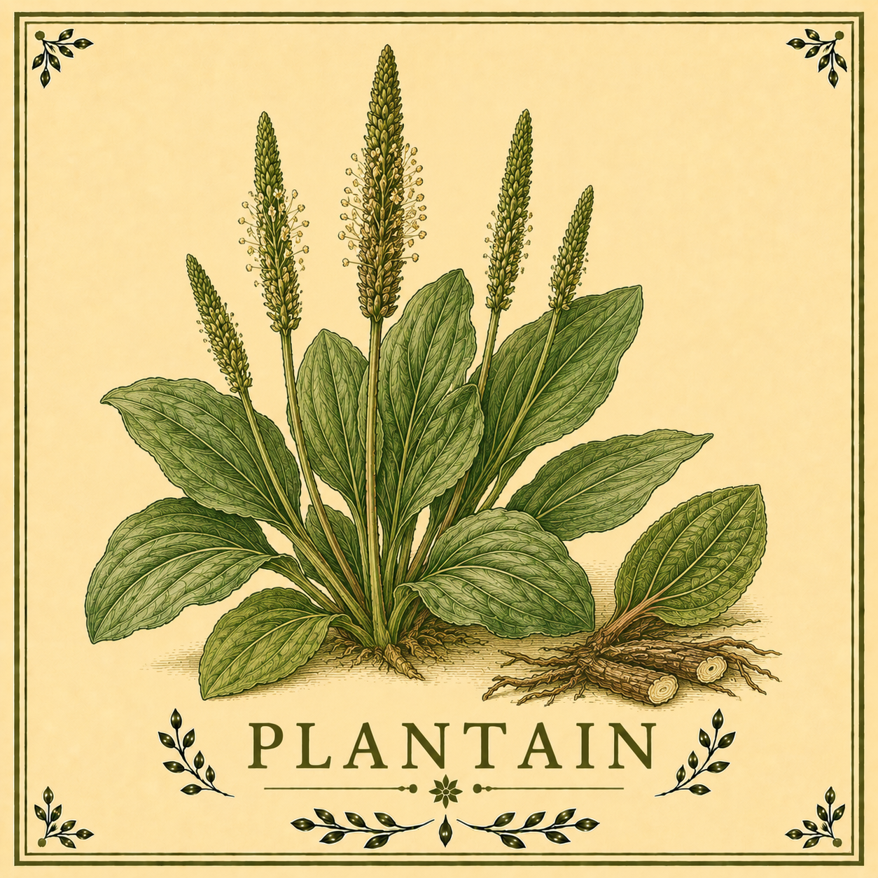 Illustration of a plant with green leaves and tall flower spikes. The plant is labeled 'Plantain' at the bottom of the image, with decorative border elements.