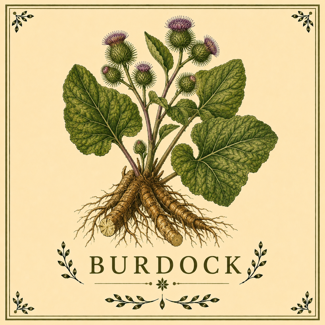 Illustration of a burdock plant with green leaves and purple flowers, showing roots at the bottom. The word 'BURDOCK' is written below with decorative black botanical elements around the border.