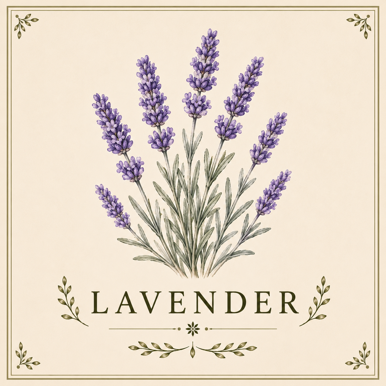 Illustration of a lavender plant with purple flowers and green leaves on a light background, with the word 'Lavender' below.