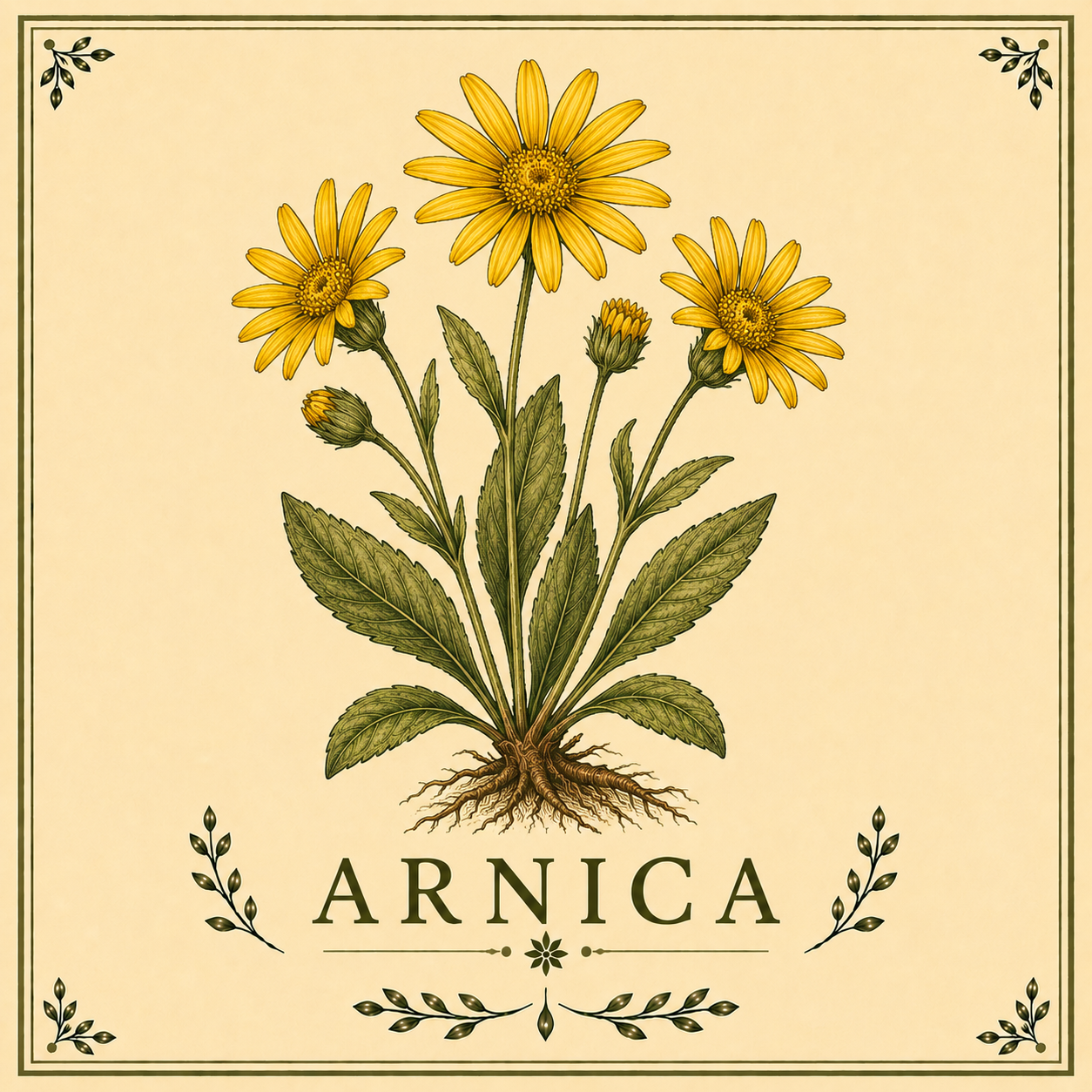 Illustration of a yellow arnica plant with green leaves and roots, labeled 'ARNICA' at the bottom.